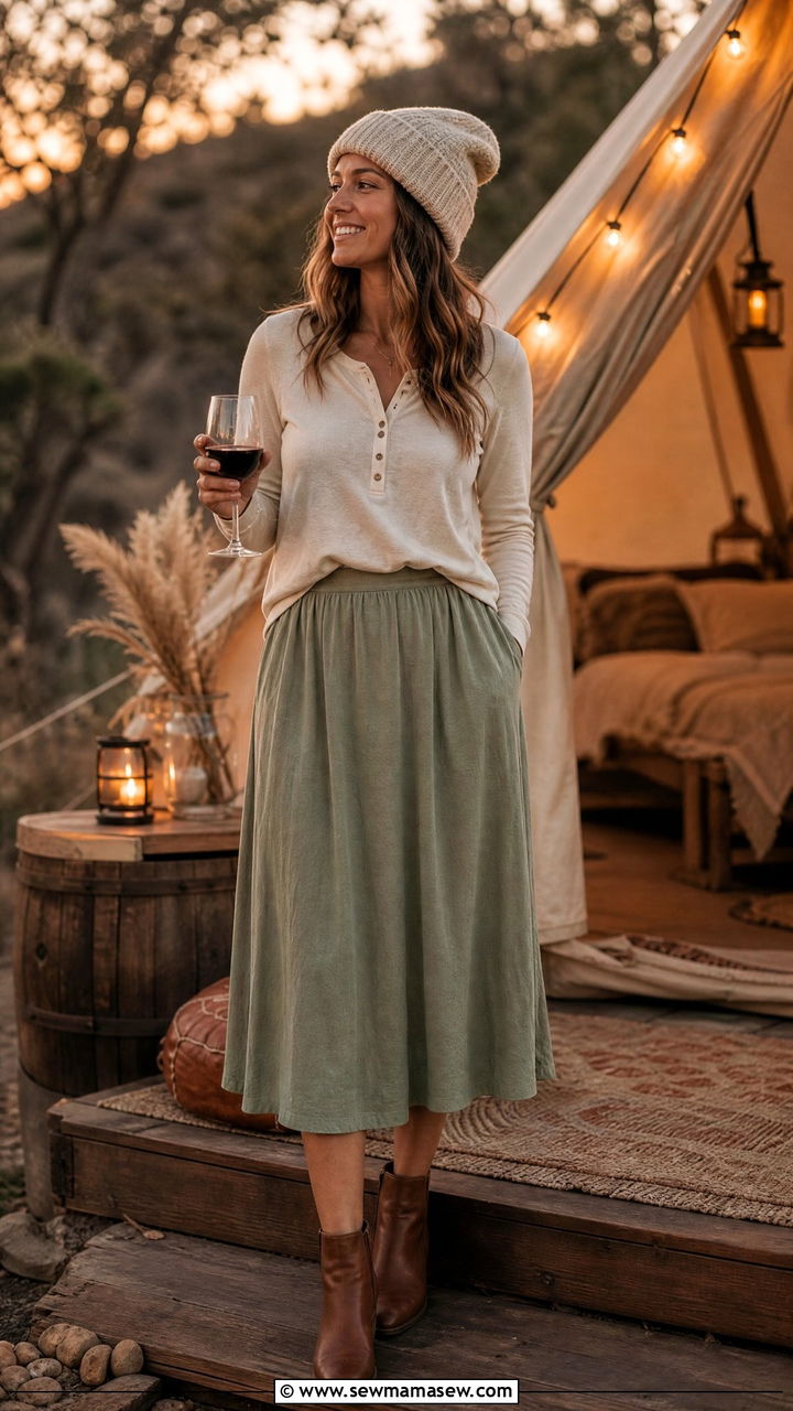 Midi Skirt and Henley Top Glamping Outfit - 25 Glamping outfit ideas
