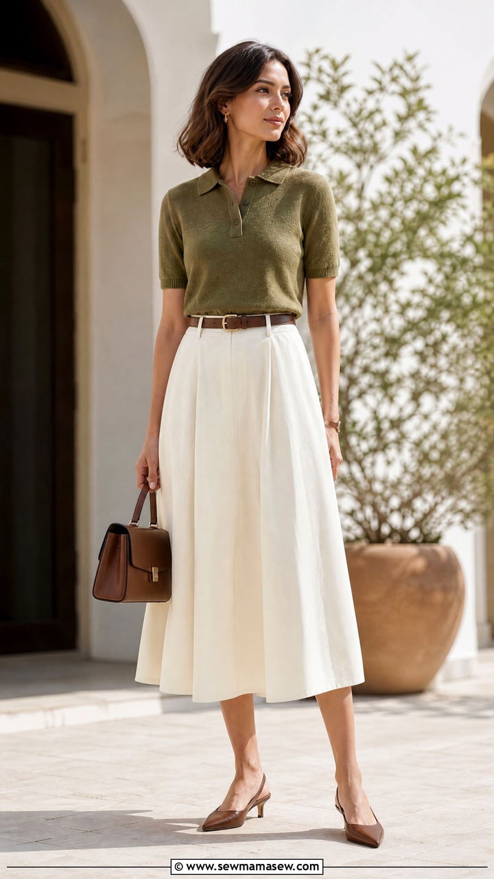 Midi Skirt and Knit Polo Shirt - 30 Summer capsule wardrobe for work