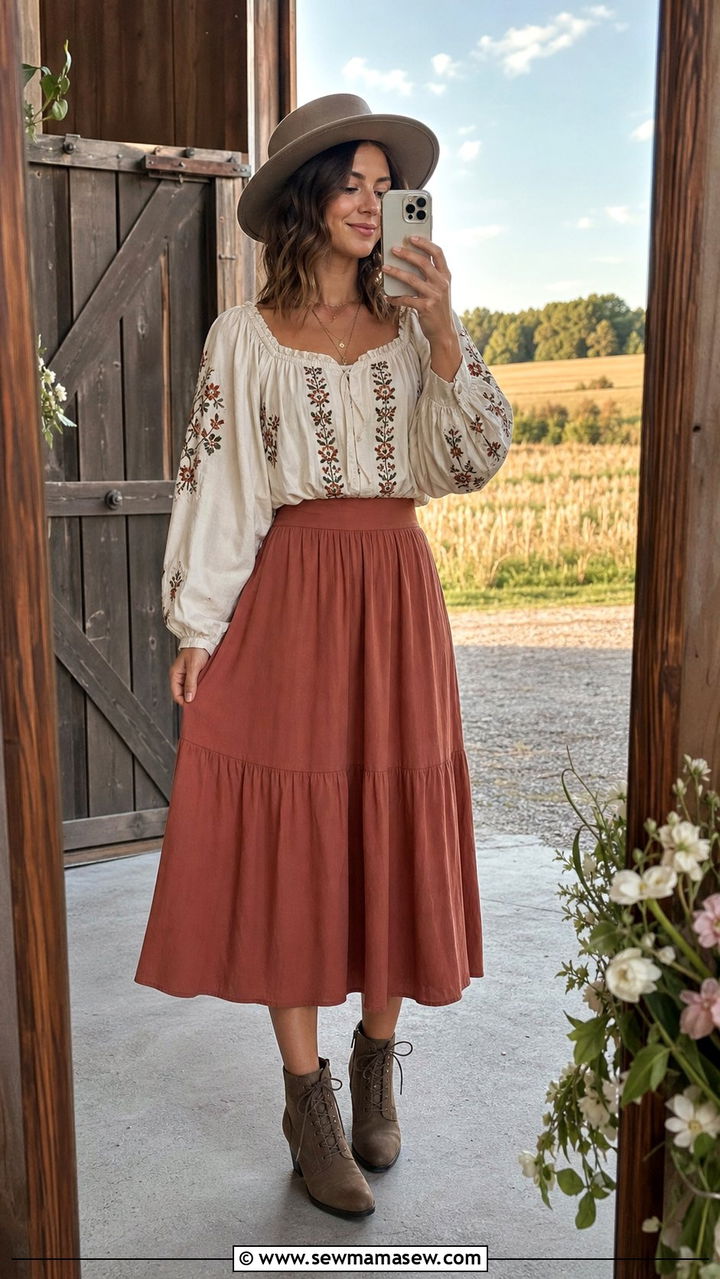 Midi Skirt and Peasant Blouse Combination - 35 Boho outfit ideas for wedding guest