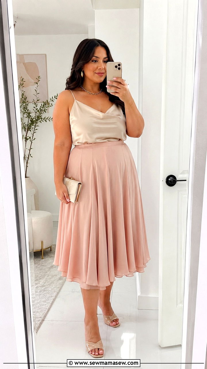 Midi Skirt and Satin Cami with Heeled Mules - 30 Plus size outfit ideas for graduation
