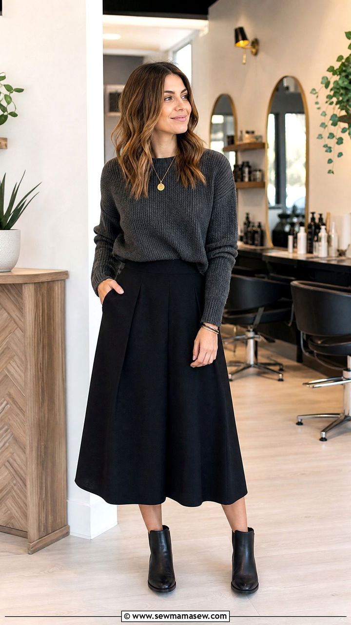 Midi Skirt and Sweater Hairstylist Outfit - 25 Salon outfit ideas for hairstylist