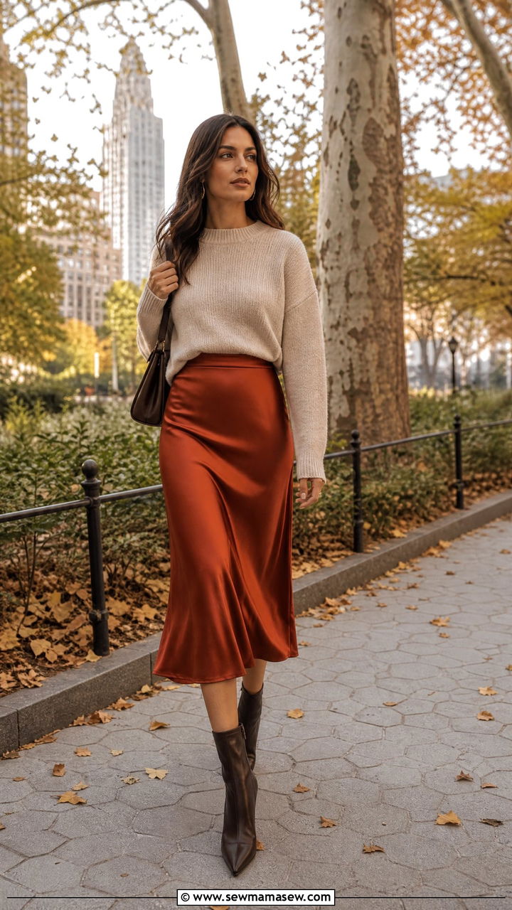Midi Skirt and Tucked In Knit Sweater - 30 Outfit ideas for long torso