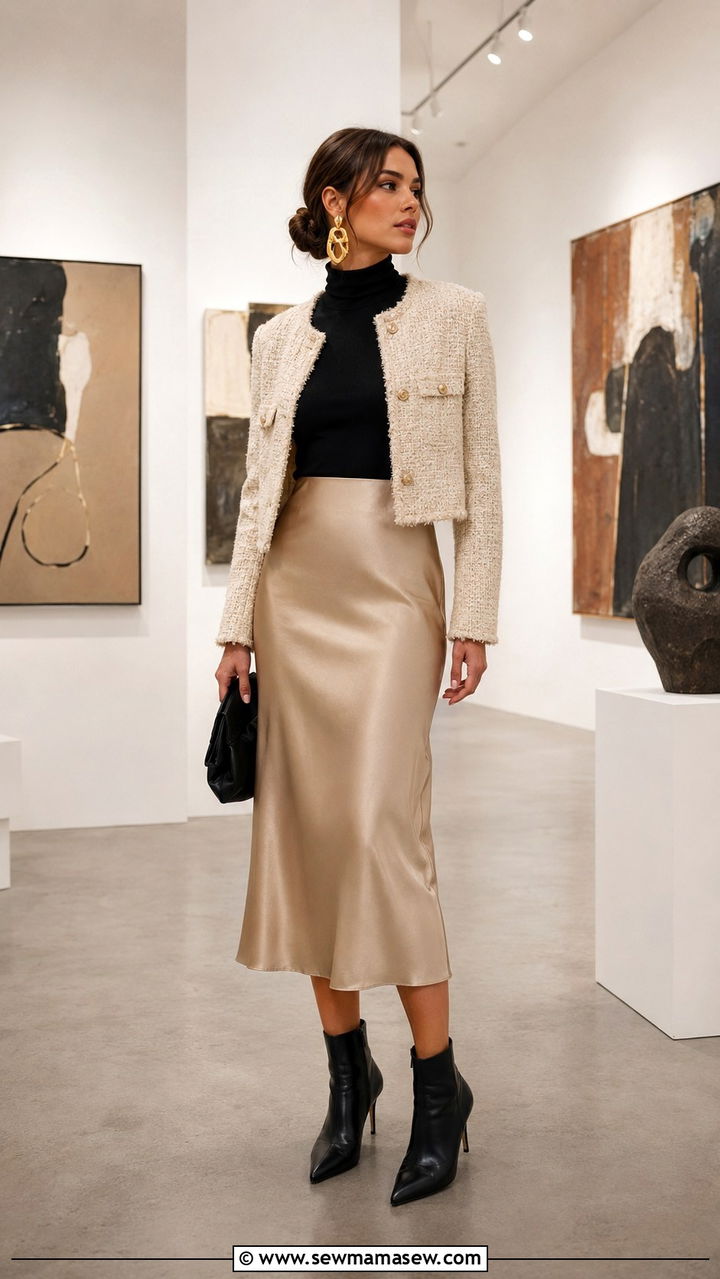 Midi Skirt and Turtleneck With a Cropped Jacket and Statement Earrings - 20 Art gallery opening outfit ideas