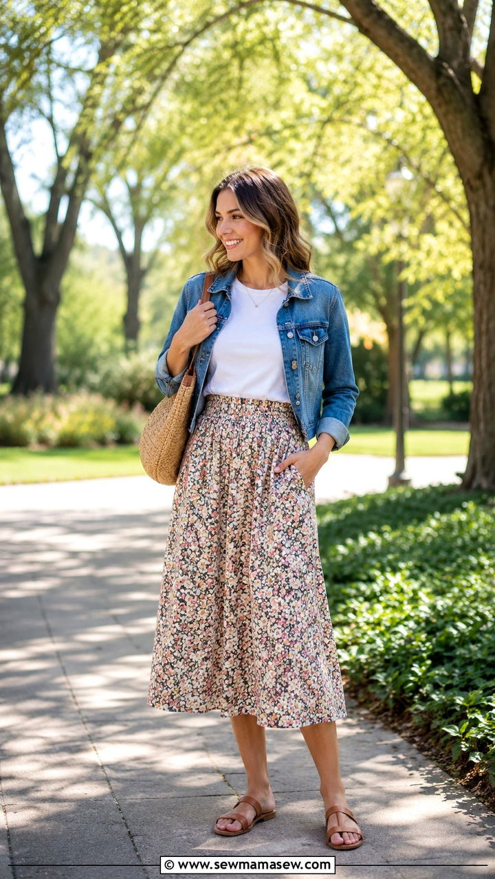 Midi Skirt and a Tucked In Tee - 30 Spring outfit ideas for new mom