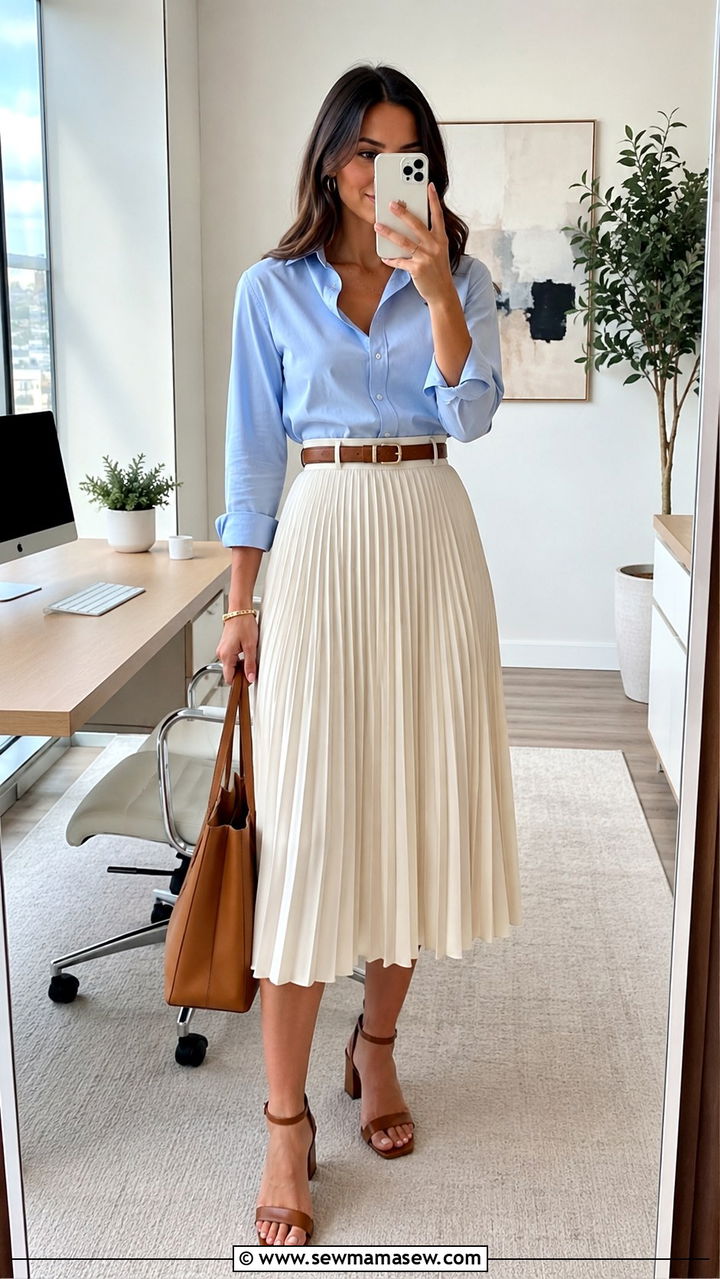 Midi Skirt with Button Up Shirt Office Outfit - 25 Work outfit ideas for Tuesday