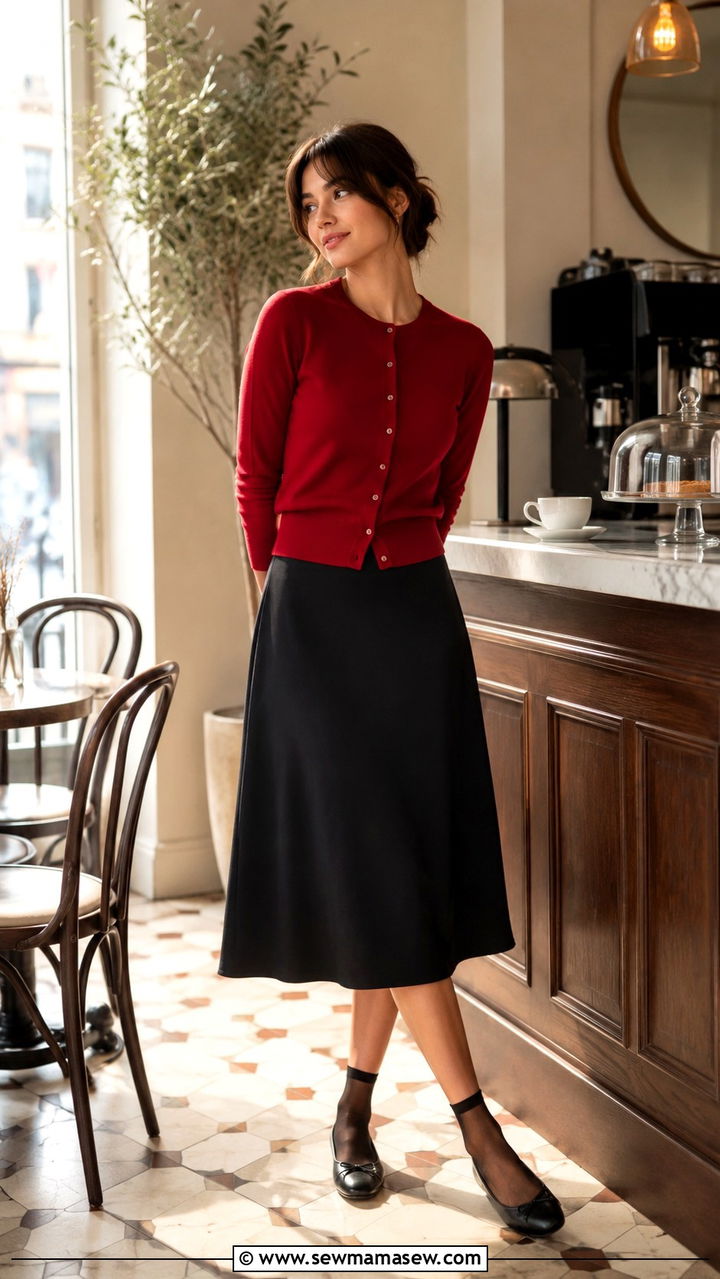 Midi Skirt with Cardigan and Ballet Flats - 30 How to style a midi skirt