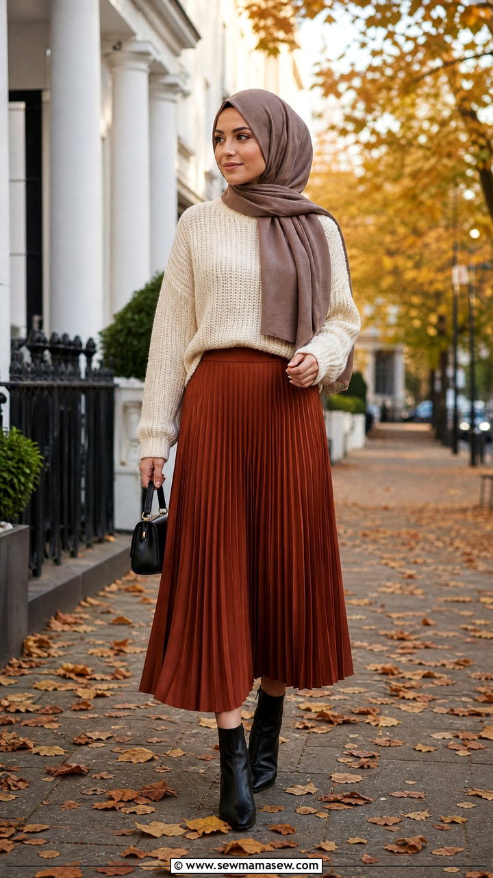 Midi Skirt with Chunky Sweater and Ankle Boots - 25 casual outfits for hijab women