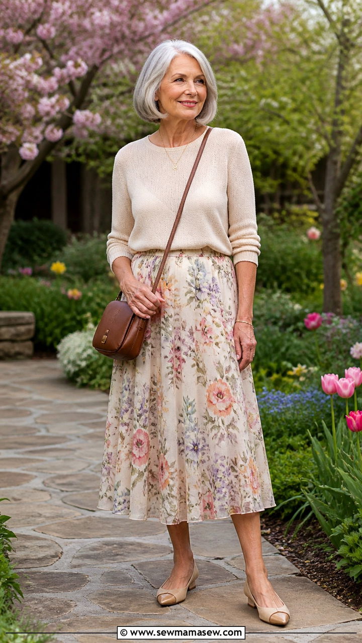 Midi Skirt with Fine Knit Sweater Spring Outfit - 40 Spring outfit ideas for women over 60 2026