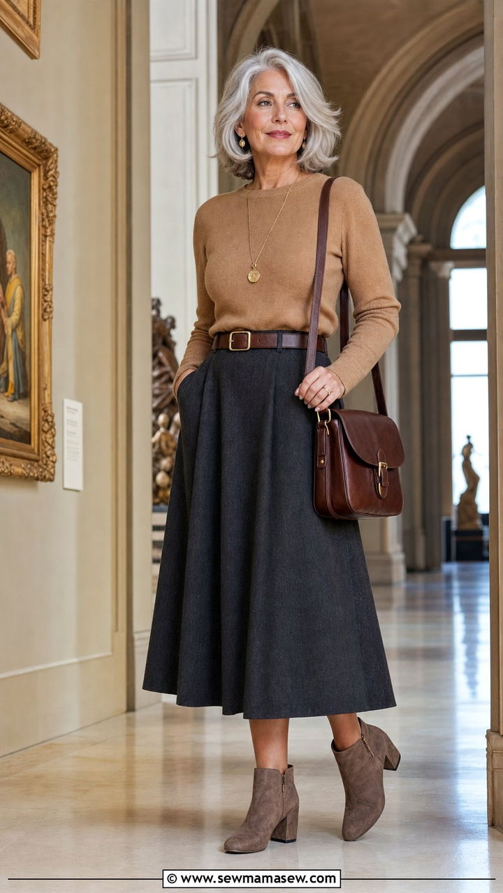 Midi Skirt with Fitted Sweater and Ankle Boots - 25 Cute outfits for women over 70