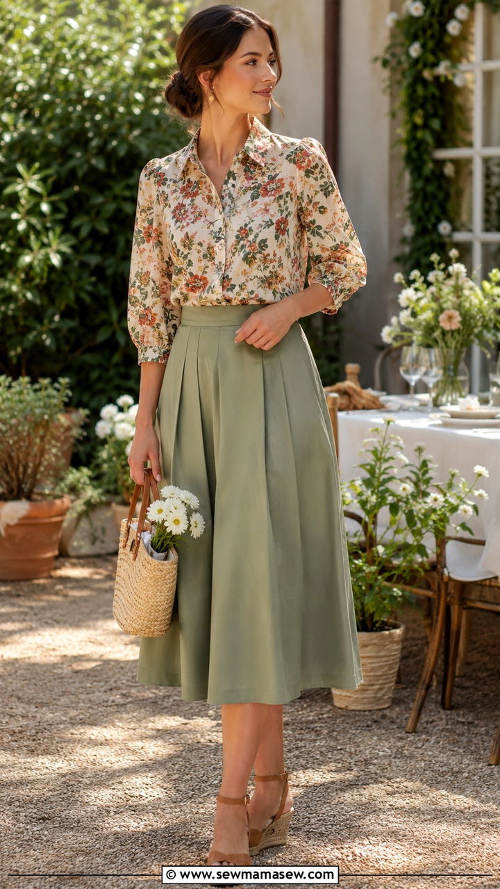 Midi Skirt with Floral Blouse and Wedge Espadrilles - 30 How to style a midi skirt