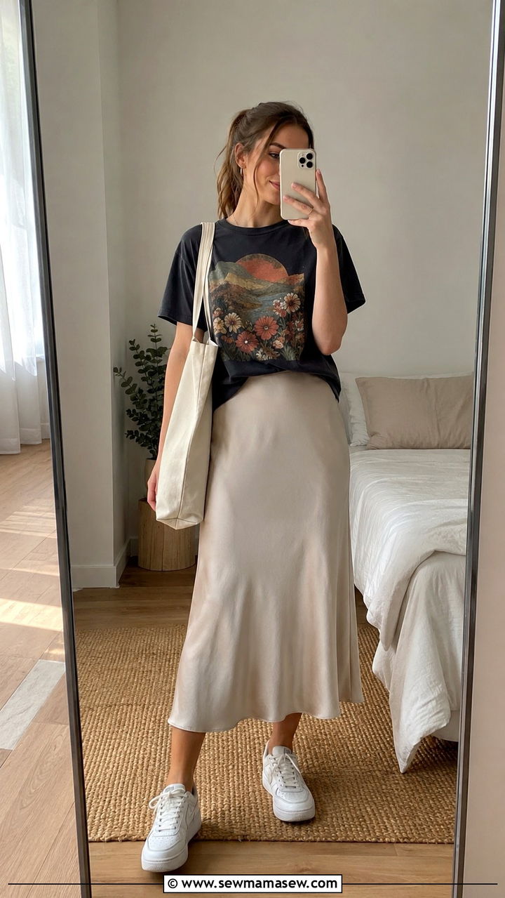 Midi Skirt with Graphic T Shirt and Sneakers - 30 modest music festival outfit ideas