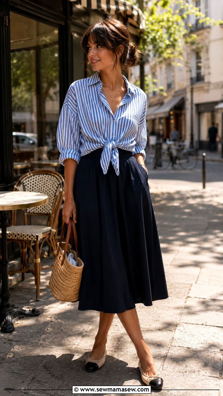 Midi Skirt with Striped Shirt and Ballet Flats - 30 How to style a midi skirt
