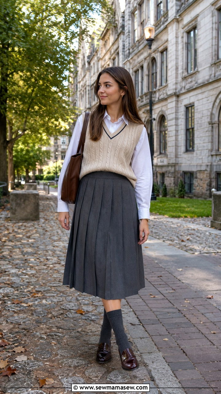 Midi Skirt with Sweater Vest and Loafers - 30 How to style a midi skirt