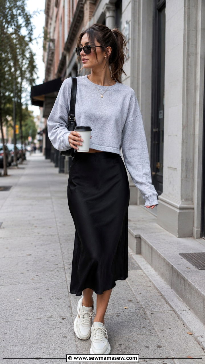 Midi Skirt with Sweatshirt and Sneakers - 30 How to style a midi skirt