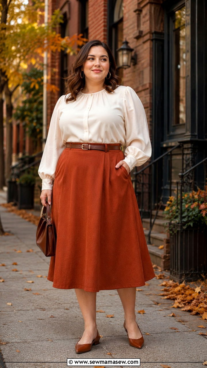 Midi Skirt with Tucked In Blouse - 20 Outfit ideas for apron belly