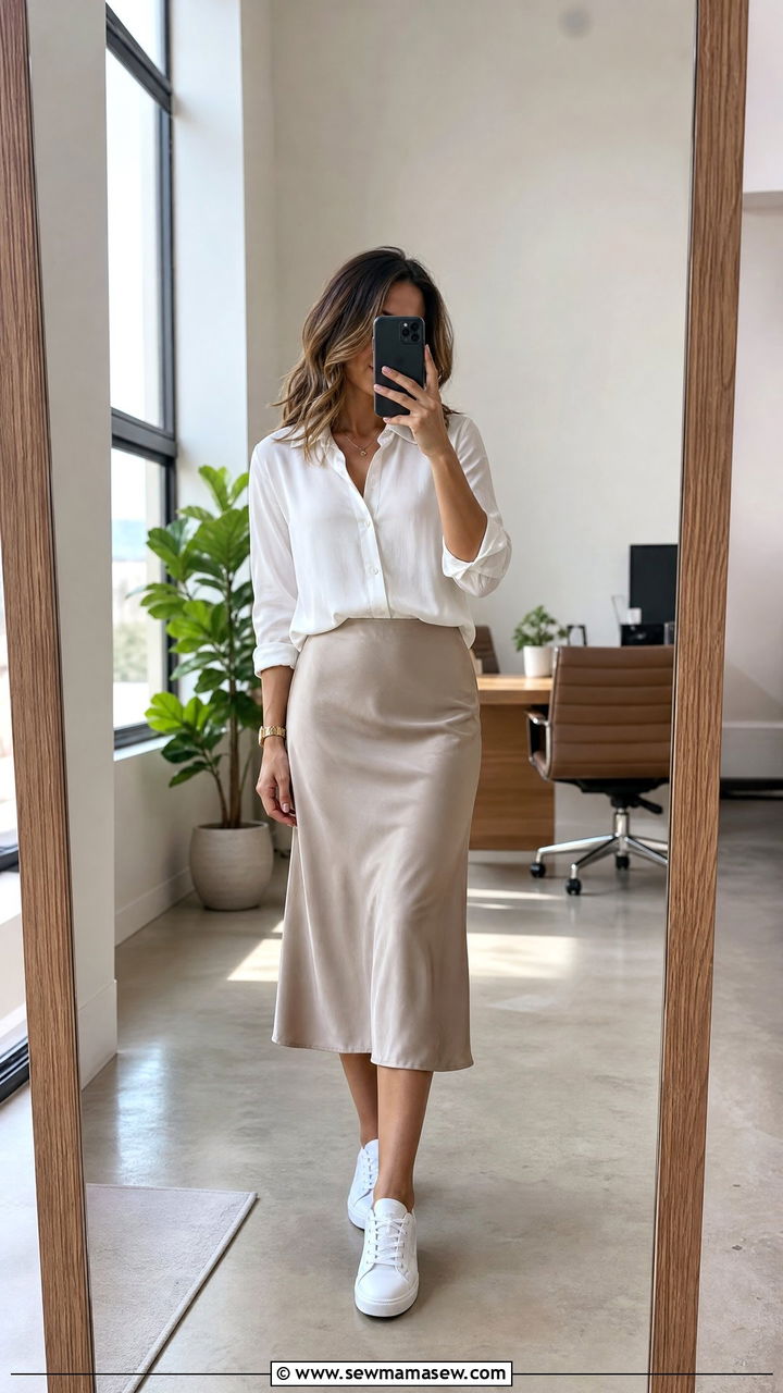 Midi Skirt with Tucked In Blouse and Sneakers - 25 Business casual outfits with sneakers