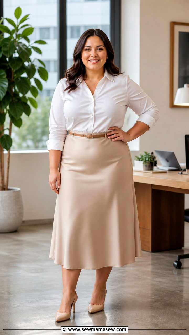Midi Skirt with Tucked In Button Down - 20 Petite plus size outfit ideas 20