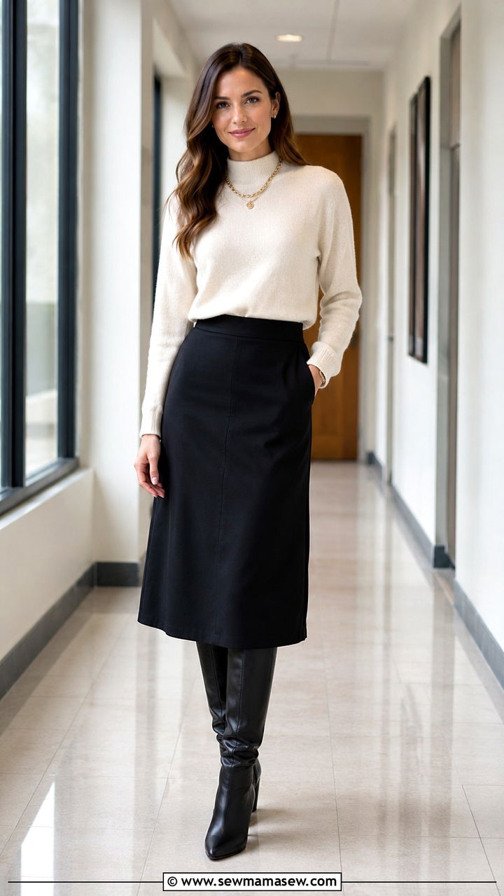 Midi Skirt with Tucked In Sweater and Knee High Boots - 30 teacher outfits 2026