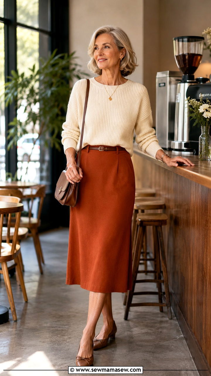 Midi Skirt with Tucked Knit Sweater - 25 Weekend outfit ideas for women over 60