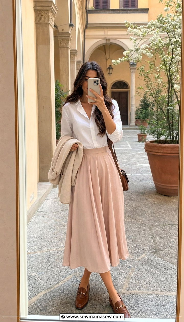 Midi Skirt with a Blouse and Loafers - 25 Spring week in Italy outfits