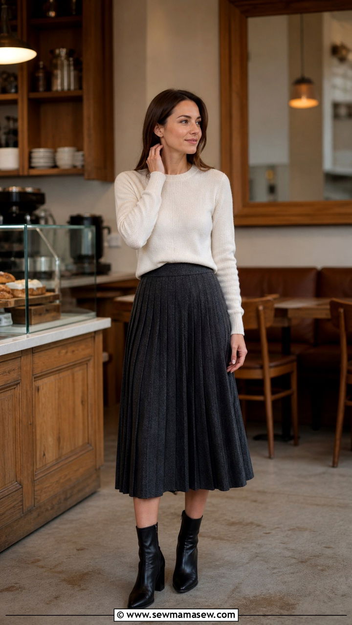 Midi Skirt with a Cashmere Sweater and Ankle Boots - 40 Job interview outfit ideas