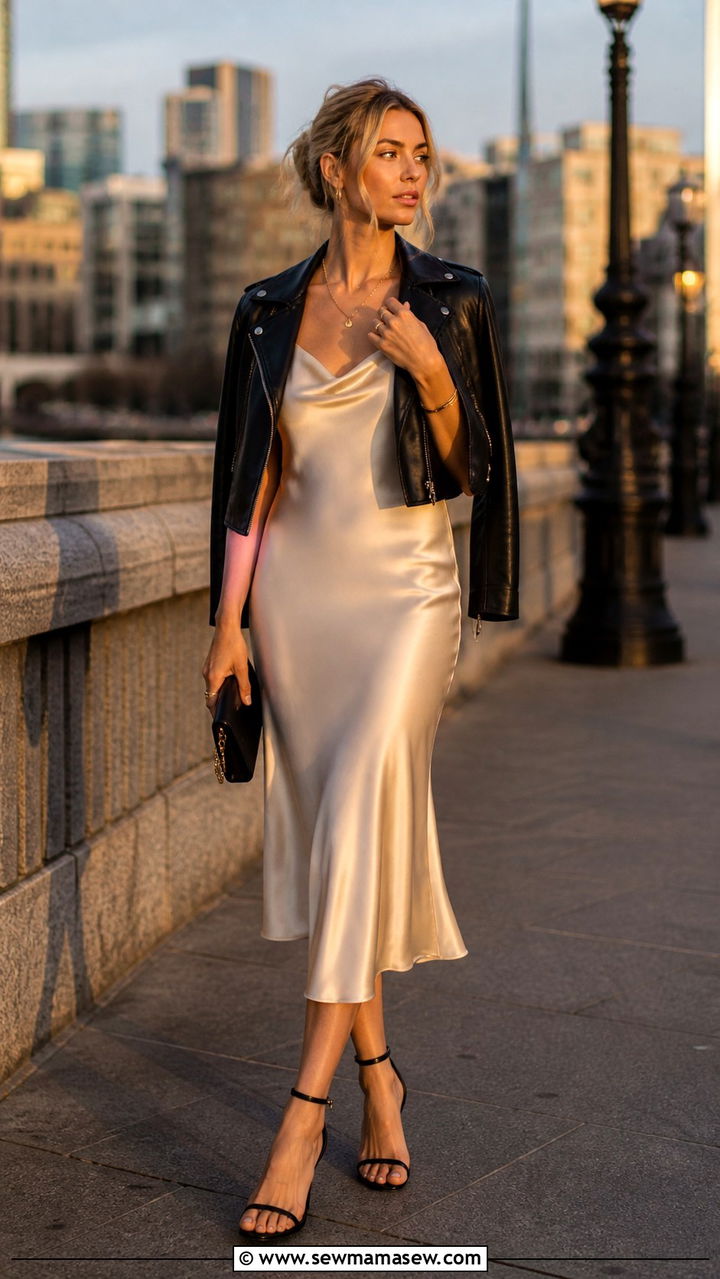 Midi Slip Dress With Leather Jacket - 20 35 year old woman outfit ideas
