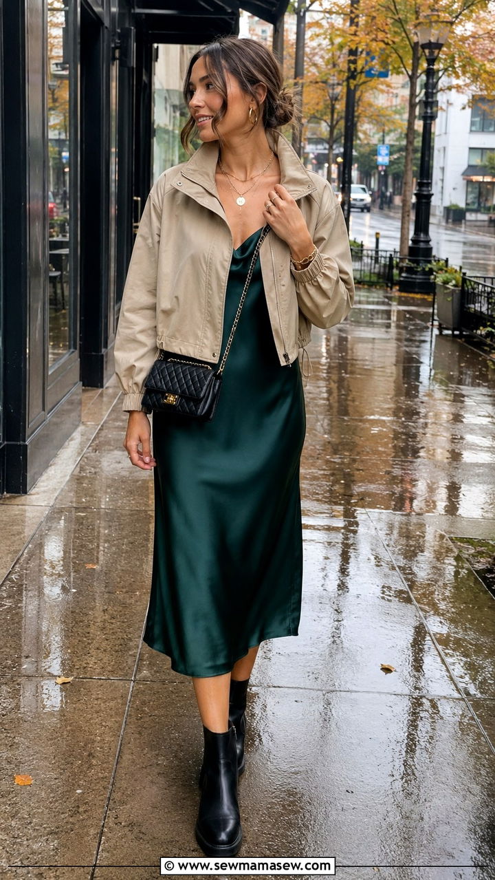 Midi Slip Dress with Cropped Waterproof Jacket - 30 Rainy vacation outfit ideas