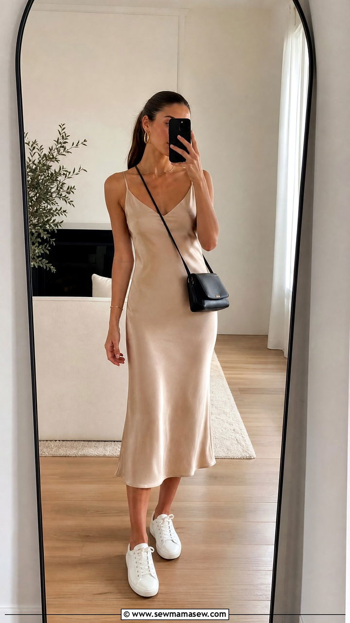 Midi Slip Dress with White Sneakers and Gold Hoop Earrings - 25 classy clean girl outfits