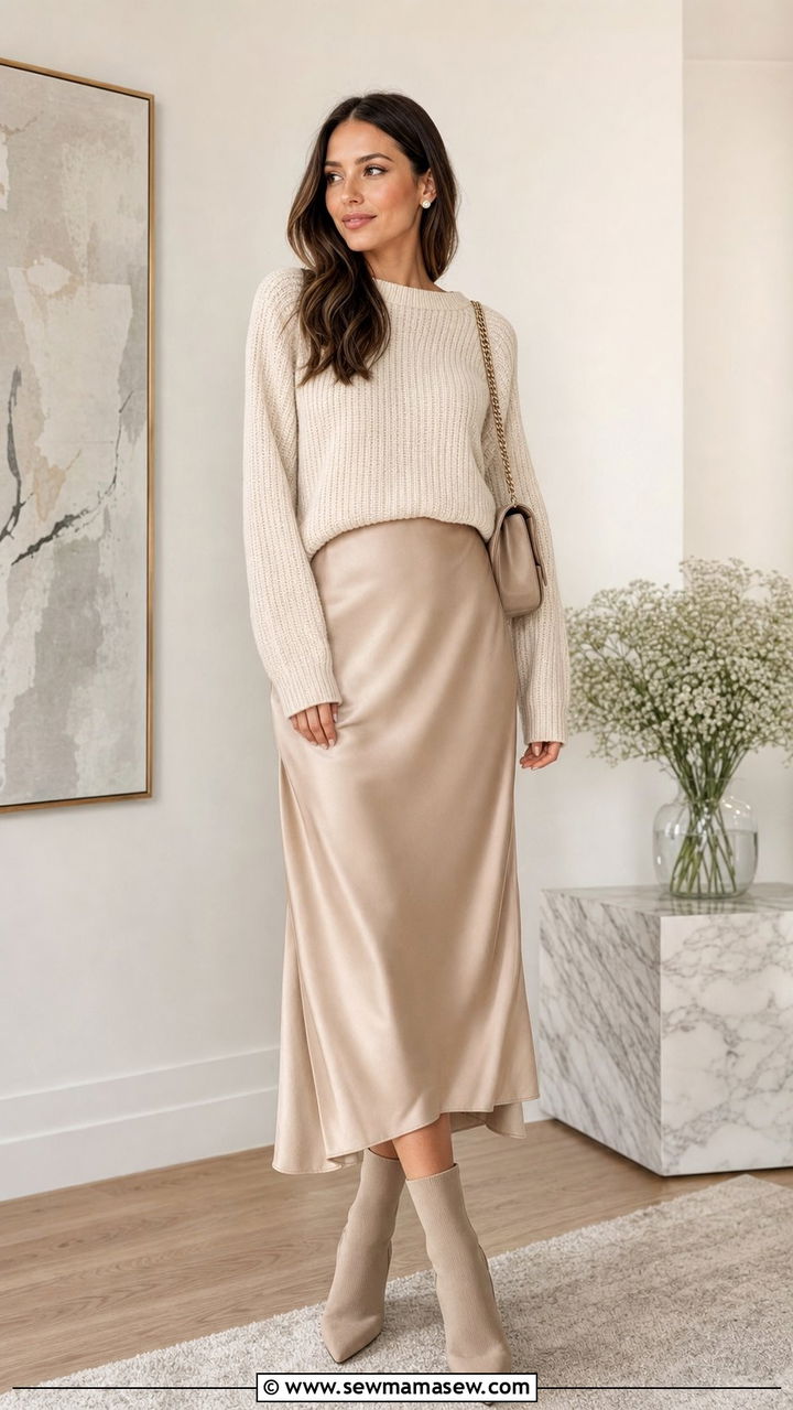 Midi Slip Skirt With A Chunky Knit Sweater - 25 classy outfits for long torso women