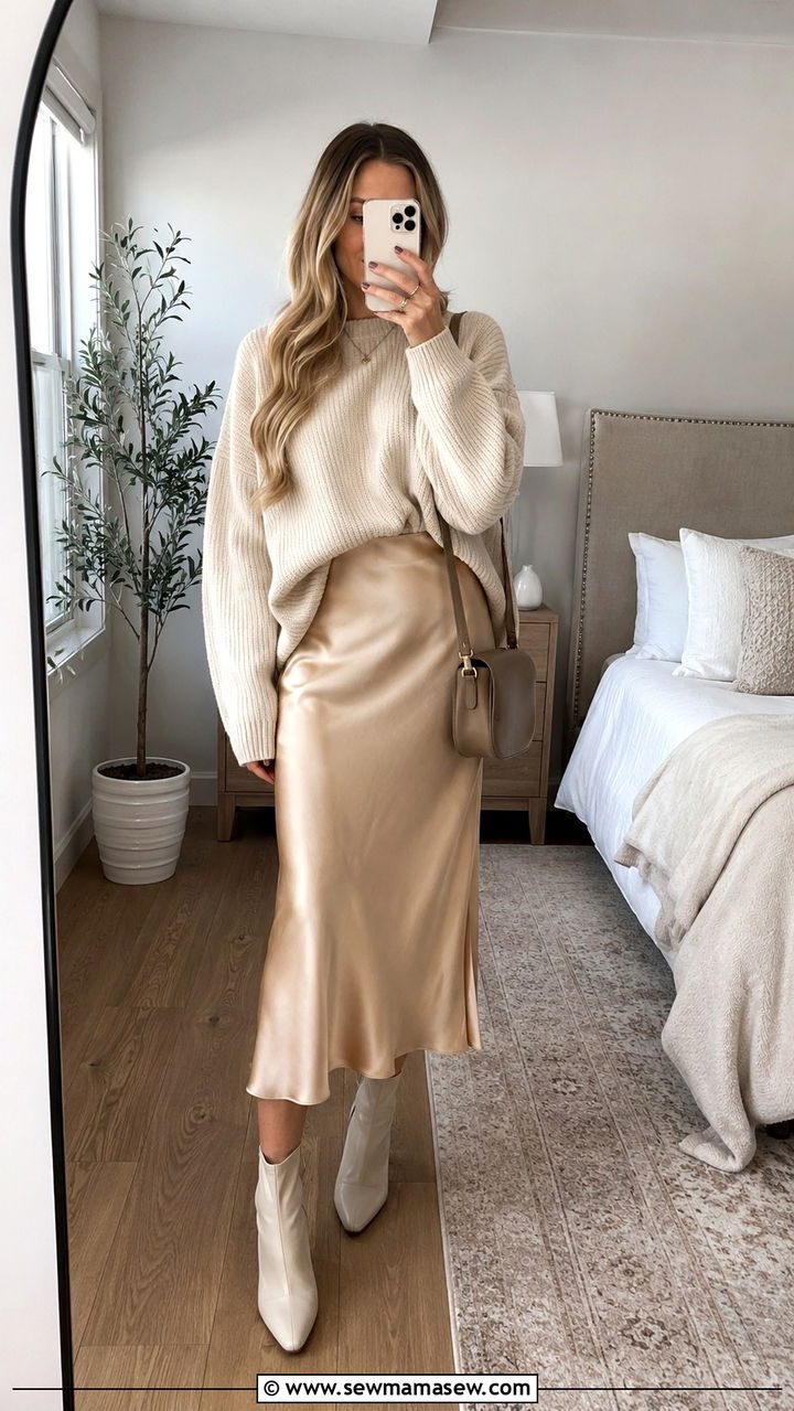 Midi Slip Skirt With Chunky Knit Sweater - 30 classy outfits for tall women