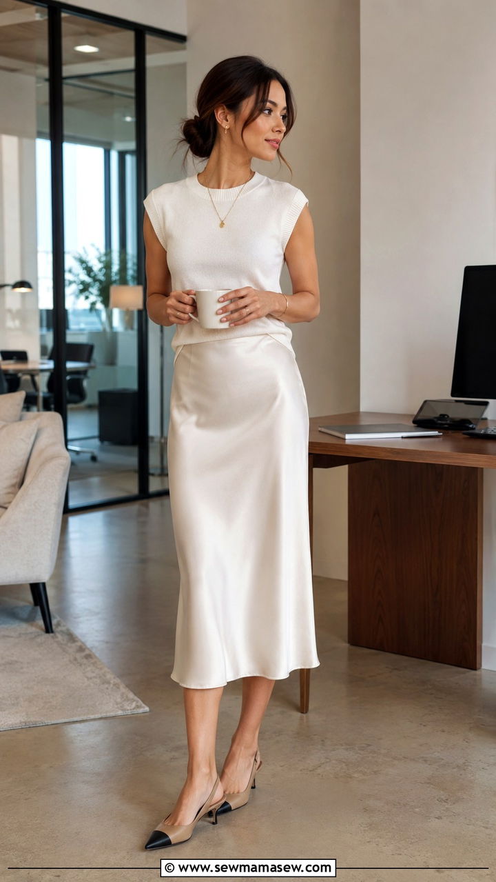 Midi Slip Skirt With Cotton Sweater Shell - 30 Petite work outfit ideas summer
