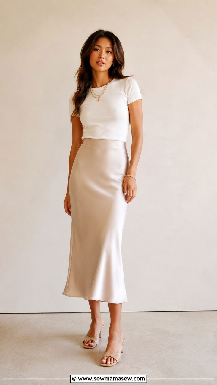 Midi Slip Skirt With Fitted Tee And Heeled Mules - 30 Petite outfit ideas to look taller