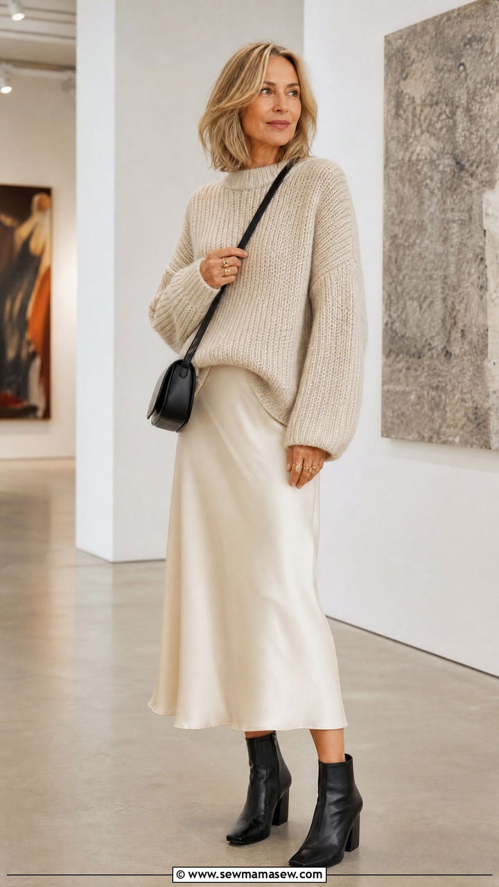 Midi Slip Skirt with a Chunky Knit and Ankle Boots - 30 scandinavian outfit ideas for women over 40