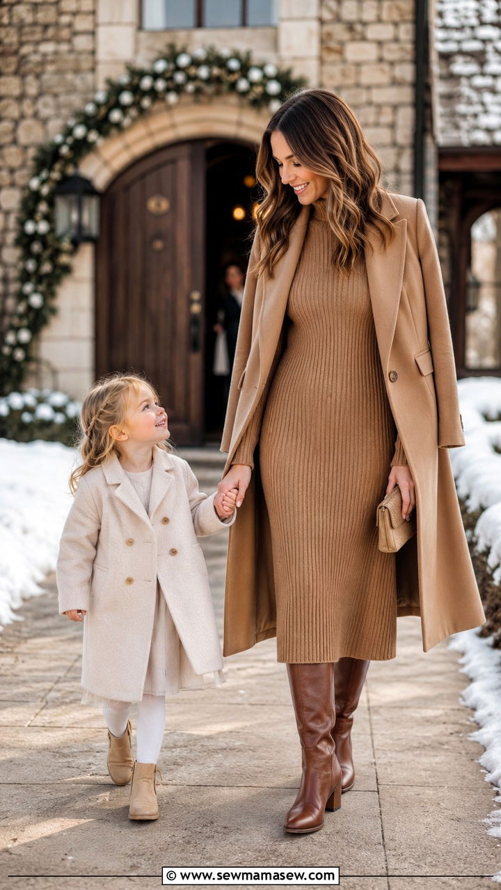 Midi Sweater Dress With Knee High Boots And A Wool Coat - 25 Wedding guest outfit ideas with kids in tow