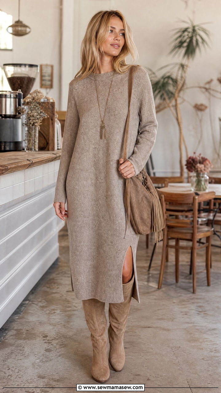 Midi Sweater Dress With Suede Knee High Boots - 25 Free People boho outfit ideas