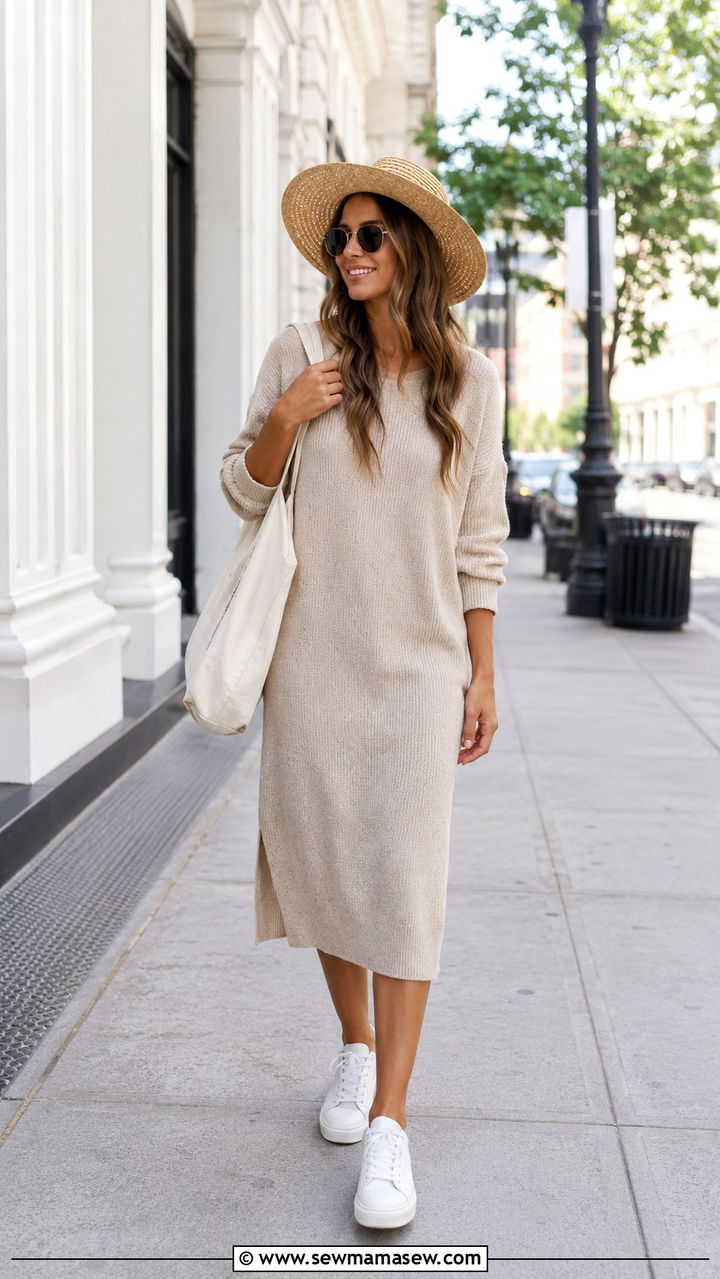 Midi Sweater Dress With White Sneakers And Straw Hat - 30 How to style a sweater dress in summer