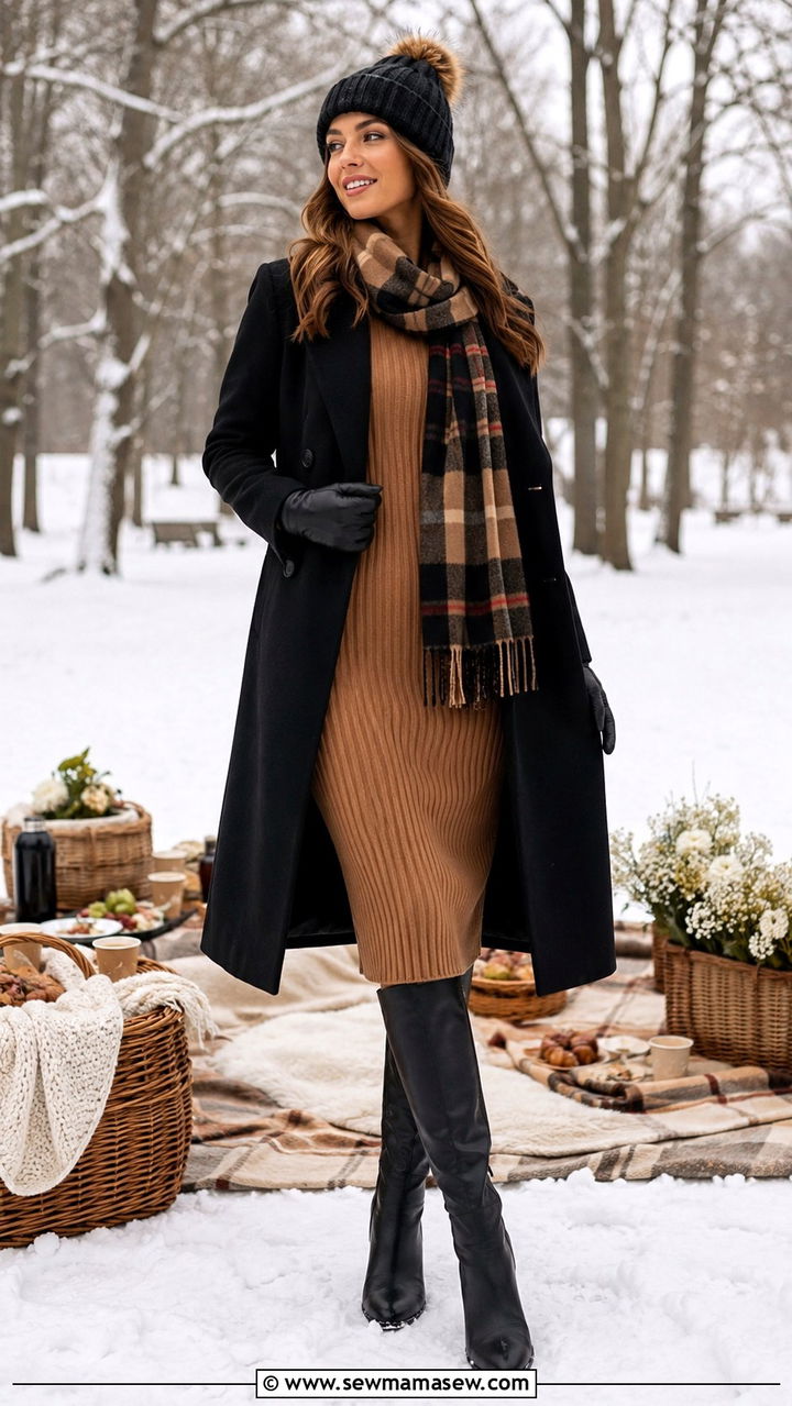 Midi Sweater Dress with Knee High Boots and Wool Coat - 30 Picnic outfit ideas