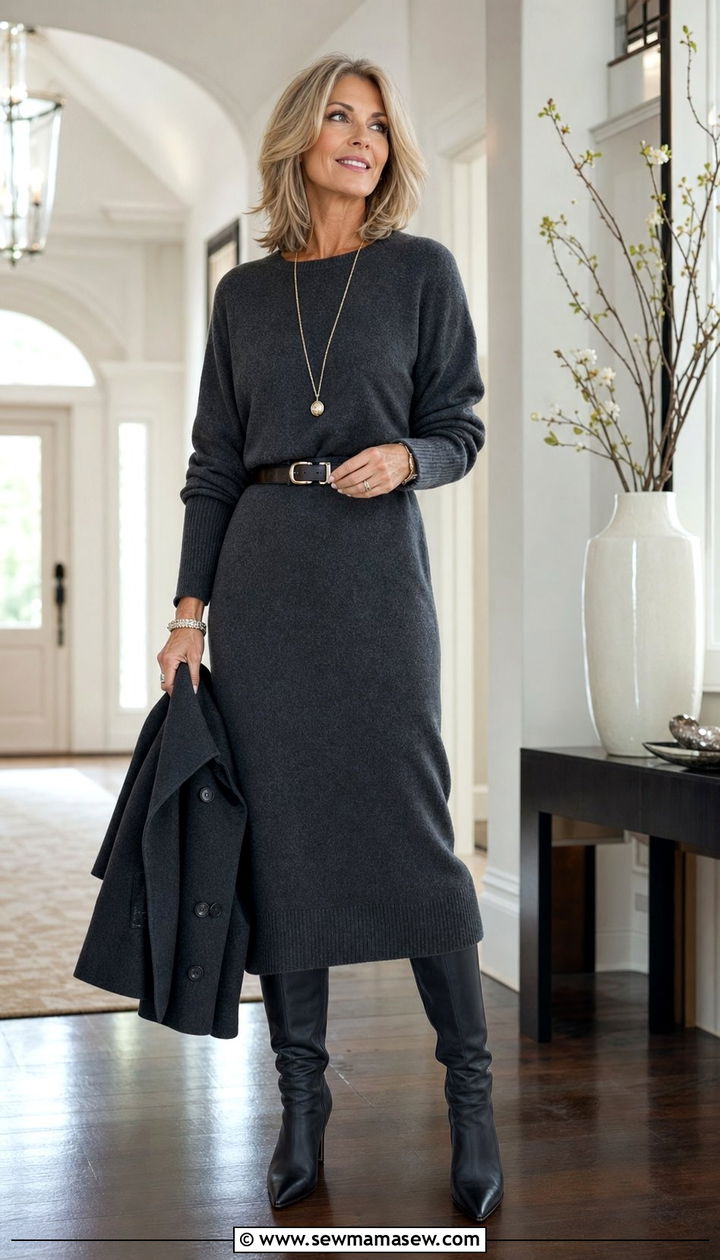 Midi Sweater Dress with Tall Boots and a Leather Belt - 25 Family reunion outfit ideas for women over 50