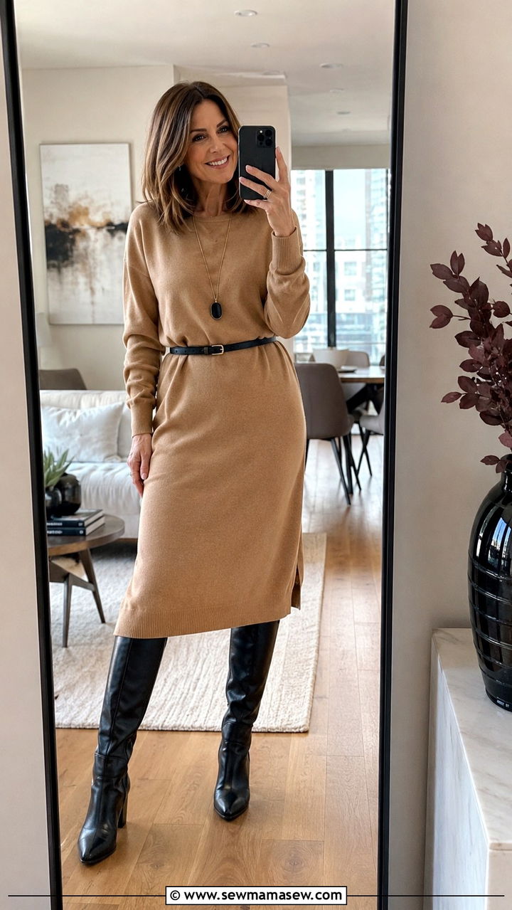 Midi Sweater Dress with Tall Boots - 20 55 year old woman outfit ideas