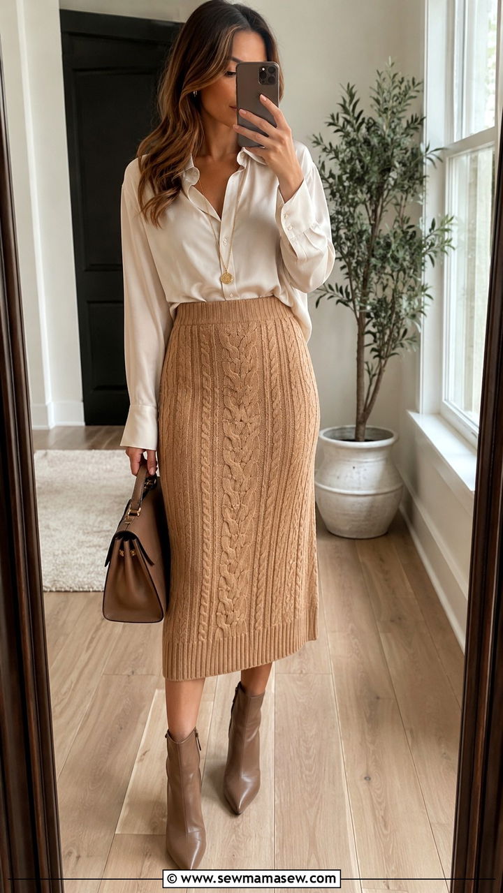 Midi Sweater Skirt With A Tucked In Blouse - 25 seasonal dinner outfit ideas