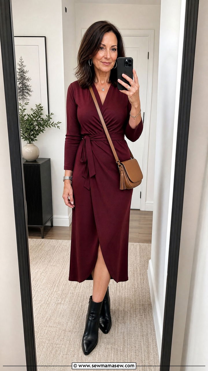 Midi Wrap Dress With Ankle Boots Outfit - 25 Fashion over 40 outfit ideas