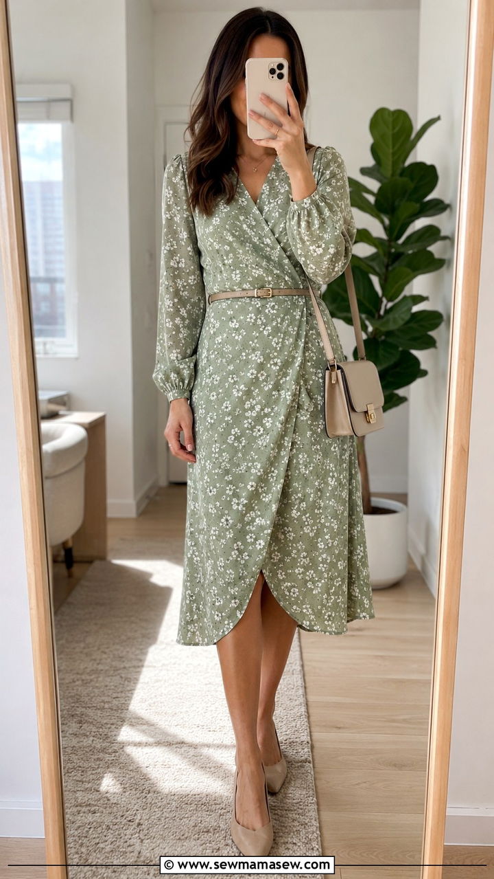 Midi Wrap Dress With Belt And Pointed Toe Flats - 30 Spring city outfits