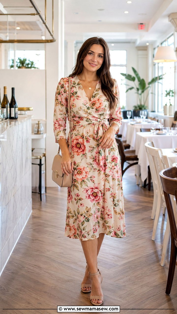 Midi Wrap Dress With Belt and Heeled Sandals - 30 spring midsize outfit ideas