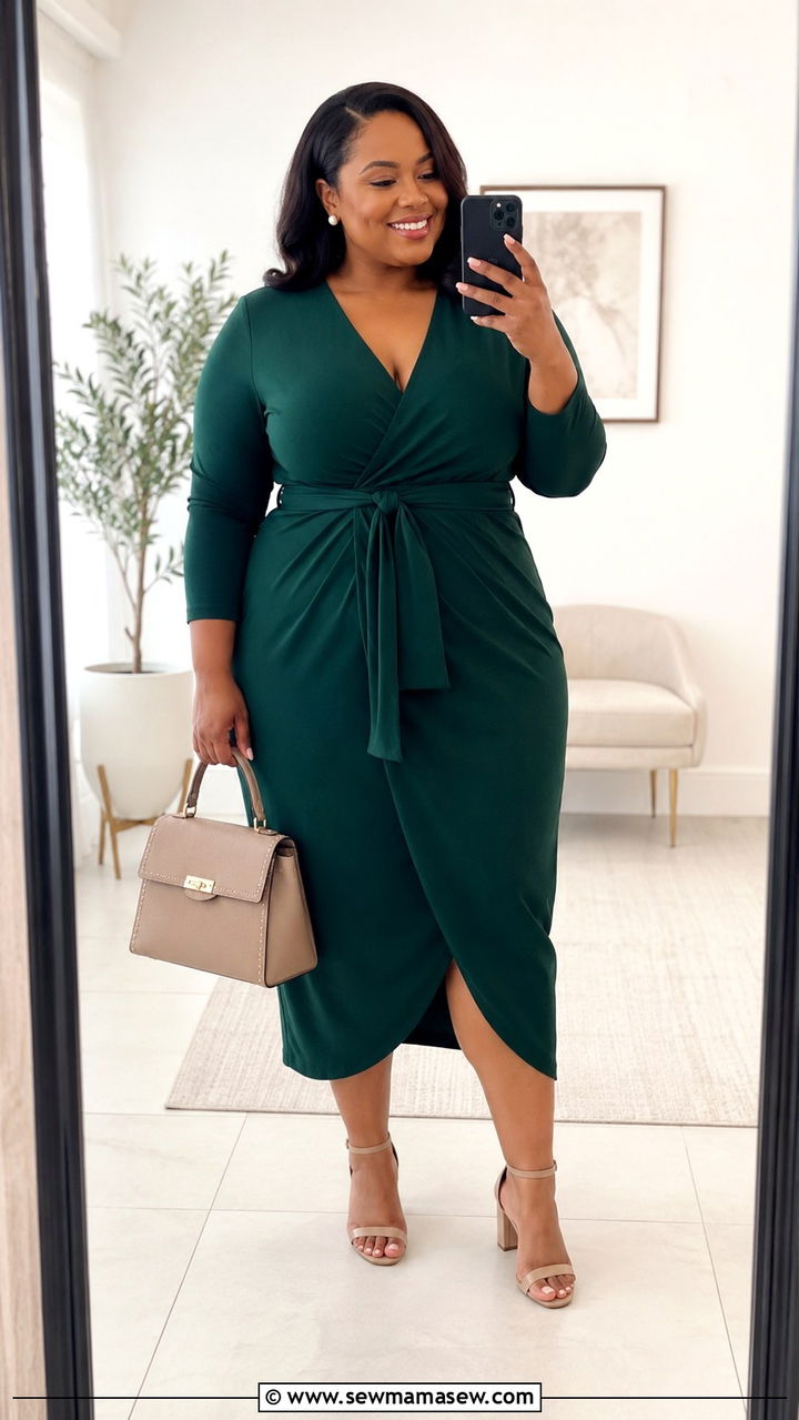 Midi Wrap Dress With Belted Waist and Block Heels - 30 plus size job interview outfit ideas