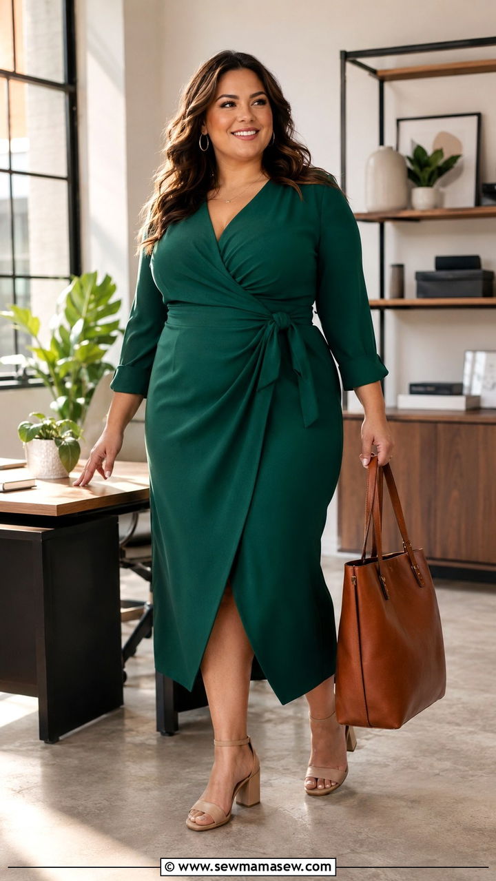 Midi Wrap Dress With Block Heels And Structured Tote - 30 Plus size office outfits