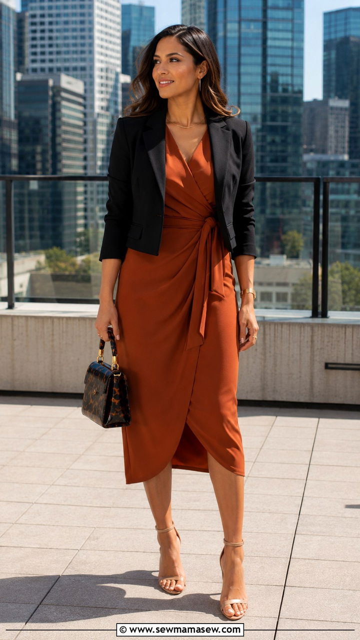 Midi Wrap Dress With Cropped Blazer And Heels - 25 Wrap dress outfit ideas with a blazer