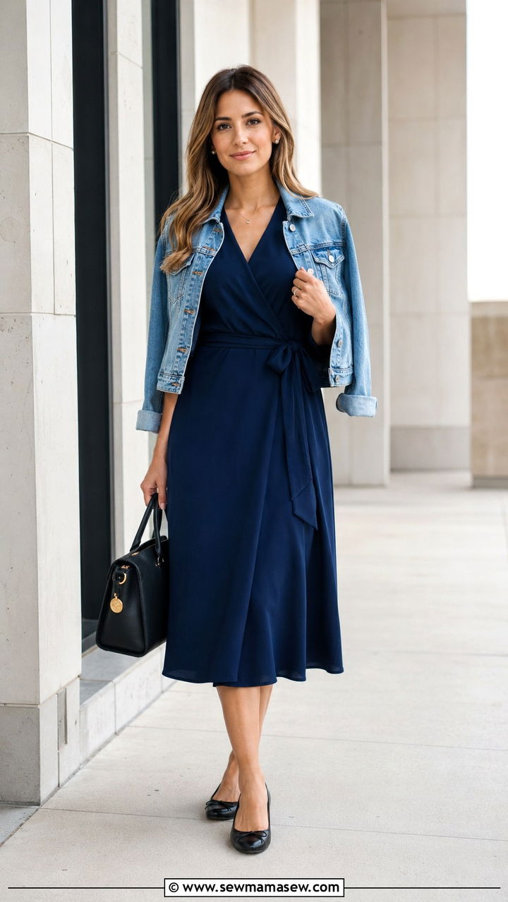 Midi Wrap Dress With Cropped Denim Jacket and Ballet Flats - 25 Wrap dress outfit ideas with a denim jacket
