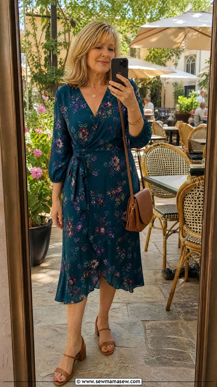 Midi Wrap Dress With Low Block Heels - 25 Fashion over 50 outfit ideas