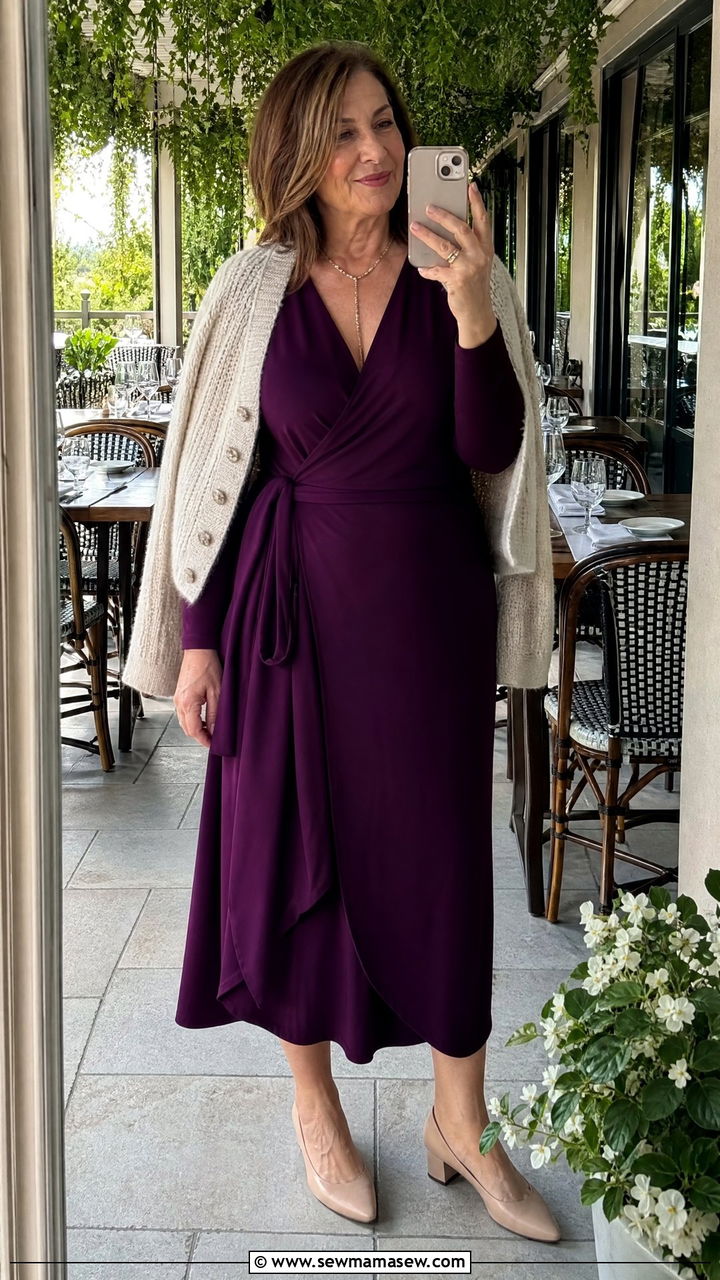 Midi Wrap Dress With Low Block Heels Outfit - 25 Midsize outfits for women over 60