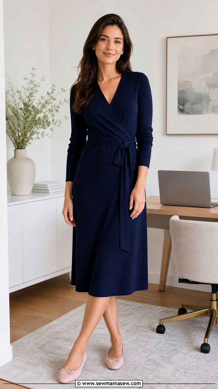 Midi Wrap Dress and Flats Home Office Outfit - 25 Home office outfit ideas